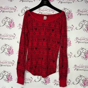 Victoria secret pink waffle knit long sleeve red hearts pull over cozy thermal